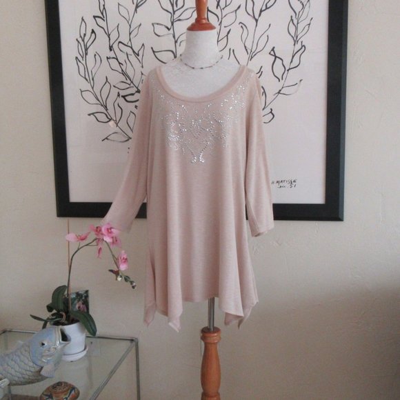 FRENCH BAZAAR beige studded oversized tunic shirt - handkerchief hem - Womens XL - Picture 2 of 8